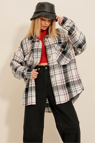 Trend Alaçatı Stili Dámské černé kostkované vzorované razítko bavlna oversize safari košile ALC-X7142