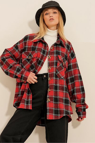 Trend Alaçatı Stili Női piros kockás mintás bélyegző pamut oversize safari dzseki ing ALC-X7142