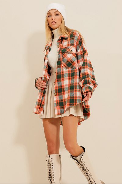 Trend Alaçatı Stili Women's Orange Plaid Patterned Eyebrow Cotton Oversize Safari Jacket Shirt ALC-X7142