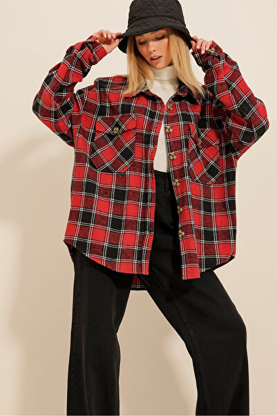 Trend Alaçatı Stili Women's Red Plaid Patterned Stamp Cotton Oversize Safari Jacket Shirt ALC-X7142