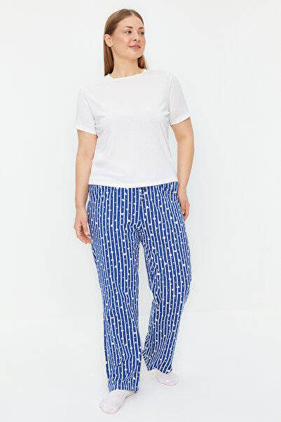 Trendyol Curve Námořnická modrá bavlněná proužkovaná a srdíčková pletená spodky na spaní Tbbaw24Ia00000