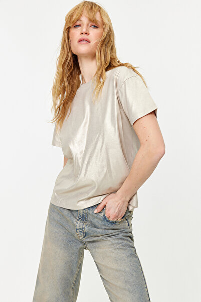 Trendyol Collection Πλεκτή μπλούζα με τυπωμένο φύλλο χρυσού κανονικό/κανονικό σχέδιο TWOSS24BZ00097