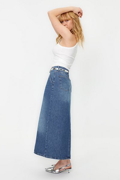 Trendyol Collection Blue Stitching Detailed High Waist Maxi Denim Skirt TWOSS24ET00009