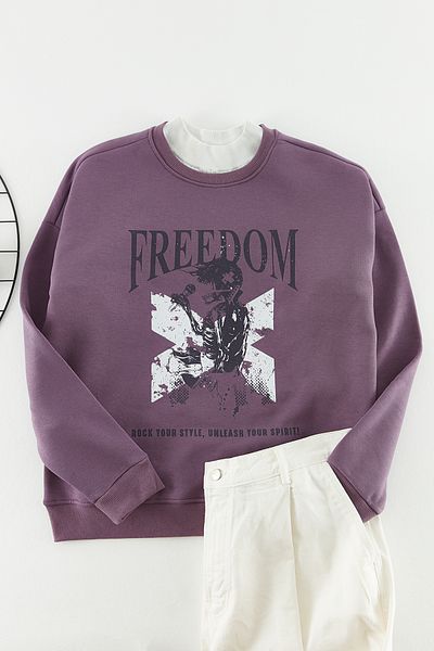 Trendyol Collection Lilac Fleece Cotton Oversize Sweatshirt - Crew Neck TMNAW24SW00146