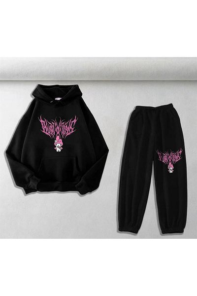 Touz Moda Melody Pink εμπριμέ μαύρο oversize φούτερ με κουκούλα & φούτερ Unisex Σετ δύο τεμαχίων