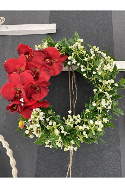 Minemiss Tasarım White Bamboo Wreath, Red Floral Door Ornament