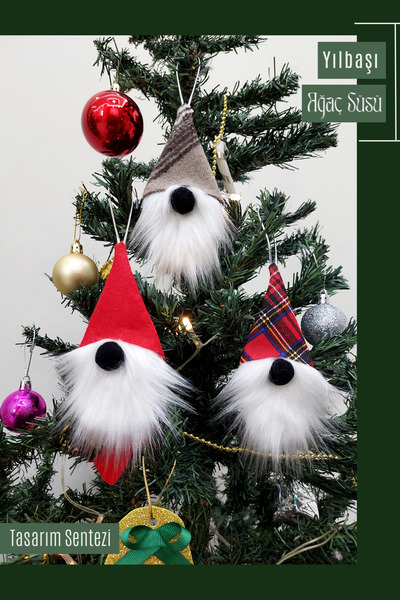 Tasarım Sentezi Set of 3 Christmas Gnome Luck Dwarf Pine Tree Ornament Decor ...
