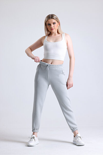 Babelook Γυναικείο Ασημί Γκρι Χειμερινό Χοντρό Fleece Basic Jogger Sweatpants με ελαστικά πόδια