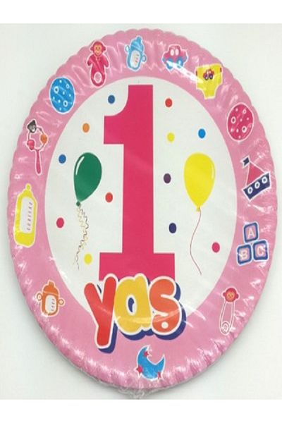 Kazanabil 1 YEAR OLD BIRTHDAY ROUND CARTON PLATE WITH BALLON PINK 10 PIECES