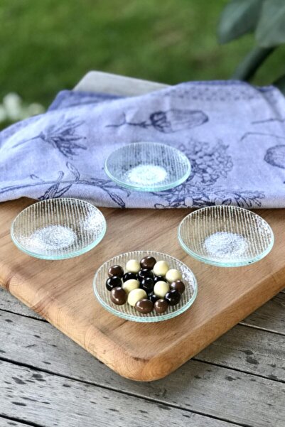 Sunu Loka Beyaz Çizgili 4'lü Set Cam Mini Ikram Tabağı - 8,5 Cm