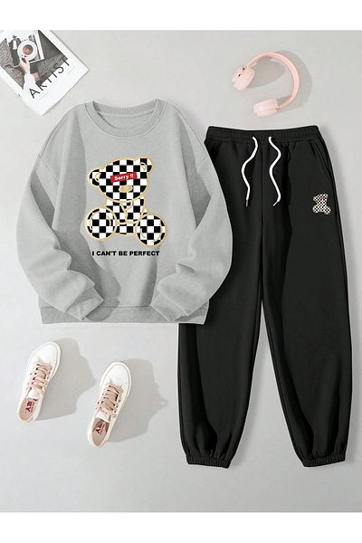 Boi Συγγνώμη Bear Combination Bottom Top Sweatpants Set - Γκρι μαύρο εμπριμέ Oversize λαστιχένιο λαιμόκοψη