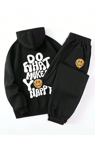 Boi Makes Happy Kombin Σετ αθλητική φόρμα με κάτω μέρος - Μαύρη εμπριμέ μεγάλη λαστιχένια κουκούλα