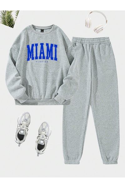 Boi Σετ αθλητική φόρμα Miami Florida Combination Bottom Top - Γκρι εμπριμέ Oversize λαιμόκοψη