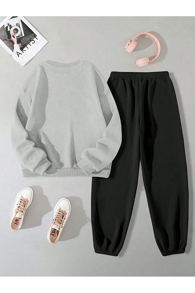 Boi Συγγνώμη Bear Combination Bottom Top Sweatpants Set - Γκρι μαύρο εμπριμέ Oversize λαστιχένιο λαιμόκοψη