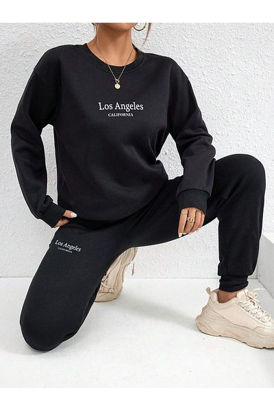 Boi Σετ αθλητική φόρμα Los Angeles California Bottom Top - Μαύρο εμπριμέ Oversize λαστιχένιο λαιμόκοψη