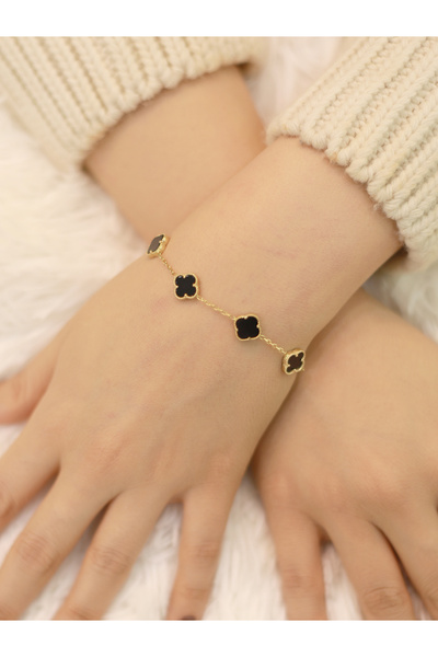 Zeynepli gold & jewelry 14 Ayar Altın 5'li Siyah Yonca Bileklik