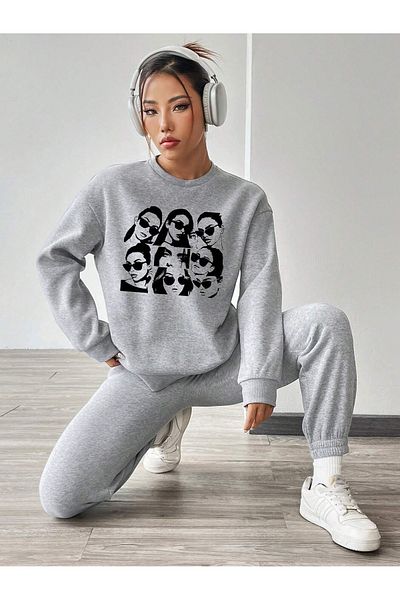 Boi Σετ αθλητική φόρμα γυναικείας συνδυασμού κάτω επάνω μέρος - Γκρι εμπριμέ υπερμεγέθη λαστιχένια λαιμόκοψη