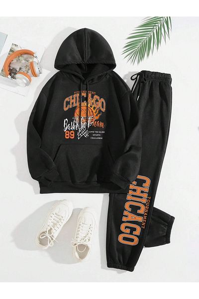 Boi Chicago 89 Basket Combination Bottom Top Tracksuit Set - Μαύρη εμπριμέ μεγάλη λαστιχένια κουκούλα