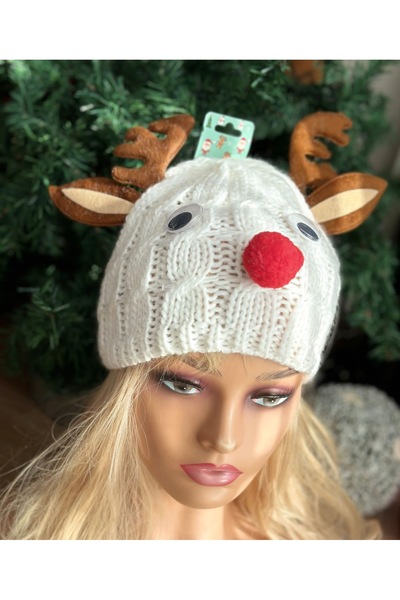 QUEEN AKSESUAR Imported Luxury Horned 3D Moving Eyes Reindeer Knitted Hat Adult Children's Knitted Beanie