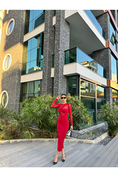 FGKBOUTİQUE Tül Detaylı Kırmızı Midi Boy Elbise