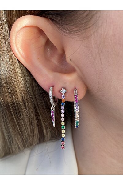 Pinery Jewels Büyük Halka Renkli Taşlı Sallantılı 3'lü Küpe Seti