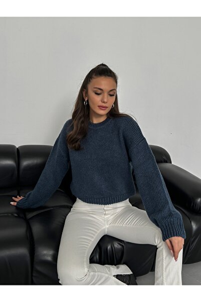 Azef Yumuşak Dokulu Bisiklet Yaka Crop Triko Kazak