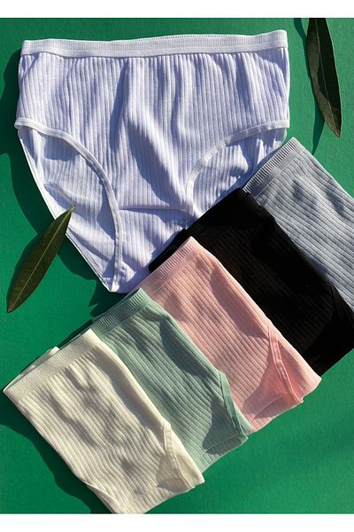 VicTroy Women's 6-Piece Cotton Ecru, Green, Black, White, Ecru and Pink Color Ribbed Triangle Slip Panties