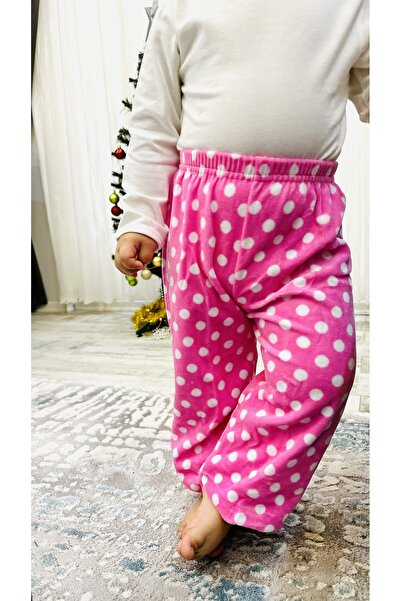 TD Collection Beyaz Puantiyeli Pembe Kadife Kumaş Kız Çocuk Pantolon - Kız Bebek Pantolon