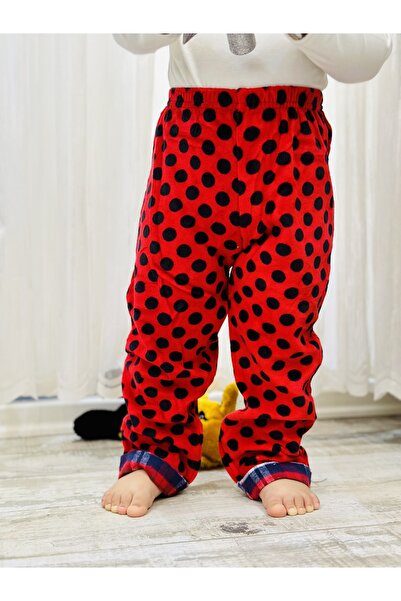 TD Collection Siyah Puantiyeli Paçası Ekoseli Kırmızı Kadife Kumaş Kız Çocuk Pantolon - Kız Bebek Pantolon