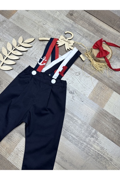 Feriatolye Denizci konsepti erkek bebek lacivert beyaz kırmızılı salopet