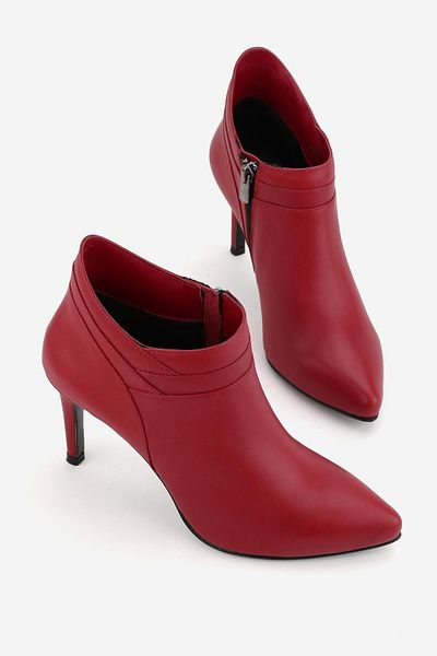 TUNAELLİ WOMEN'S RED GENUINE NATURAL LEATHER THIN HEEL BOOTS & BOOTIES
