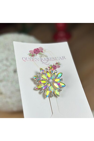 QUEEN AKSESUAR İthal lüks yanar döner parlak hologram kristal taşlı metal iğneli broş saç yaka eşarp fular süsü