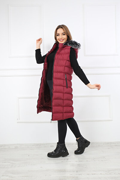 S&V TEKSTİL Women's Burgundy Trend Long Vest Coat