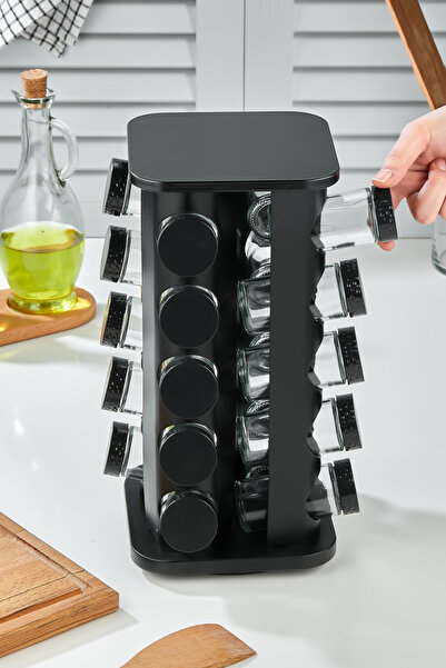 vipgross 360 ROTATING COUNTER TOP GLASS SPICE SET WITH STAINLESS STAND - 20 PACKS - 20 PACKS BLACK SQUARE