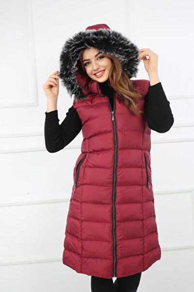S&V TEKSTİL Women's Burgundy Trend Long Vest Coat