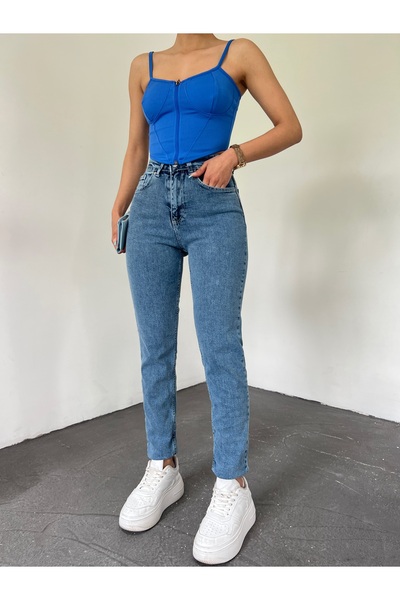 LİMABEL Women's High Waist Blue Snow Wash Mom Jeans Lycra Jeans