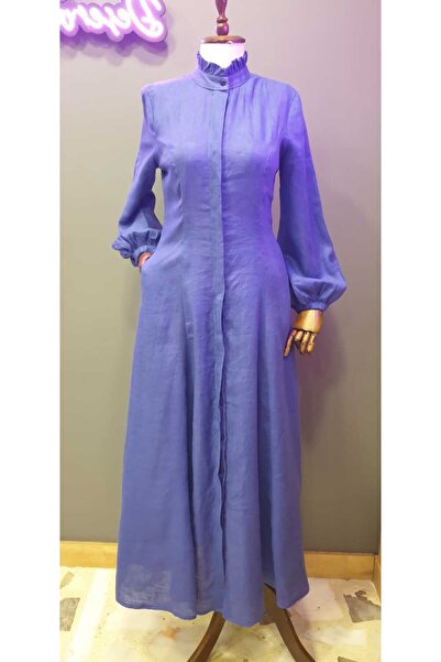 serpildinc Tesettür Keten Elbise Indigo Mavi