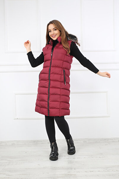 S&V TEKSTİL Women's Burgundy Trend Long Vest Coat