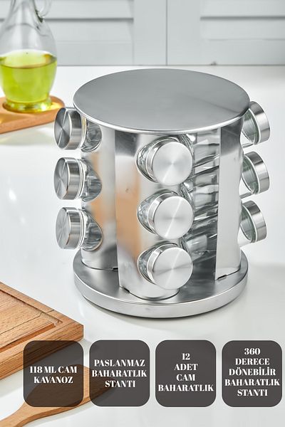 vipgross GLASS SPICE SET WITH 360° ROTATING COUNTER TOP STAINLESS STAND - 12-PIECE SPICE BOX - 12-PIECE CHROME ROUND