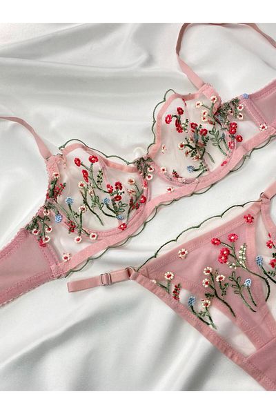 ARONA Powder Colored Flower Embroidered Textile