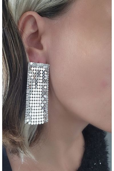 Eva Takı Barley Sequin Stoned Silver Silver Color Earrings