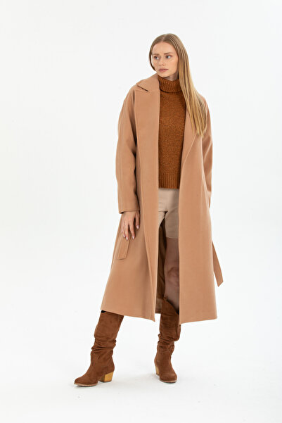 Pitti Kadın Camel Uzun Kuşaklı Astarlı Cepli Kaban 70617