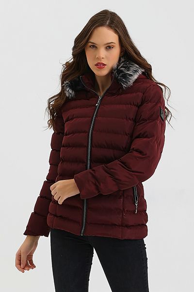 S&V TEKSTİL Women's Burgundy Short Trend Coat Coat Parka