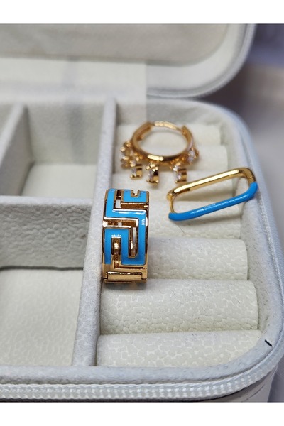 Eva Takı Store 3'lü Mineli Mavi Halka Shakira Dikdörtgen Çelik Gold Küpe Seti