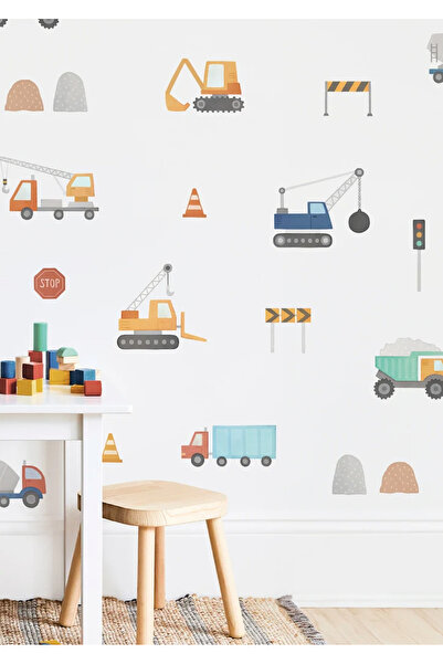 WALLHUMAN İnşaat Kamyonları Çocuk Odası Duvar Sickerı