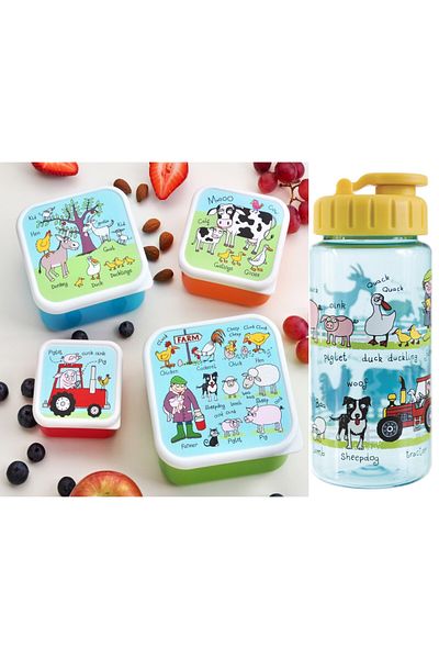 Tyrrell Katz Non-Spill Water Bottle with Straw - Water Bottle / 4 Pieces Lunch Box FARMYARD set