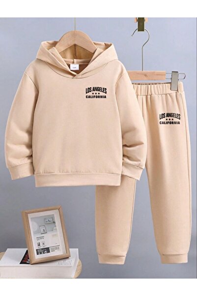 Renna Mood LosAngeles California Printed Beige Children's Hooded Sweatshirt a...