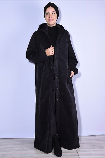 Nowa Scarf Black Modal Fabric Hat Buttoned Pocket Overcoat Coat