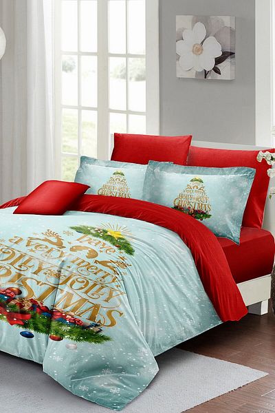 MonoHome Set cuvertură de pilota dublă din satin 3d Holly & Jolly de Crăciun, 100% bumbac, 220x240cm