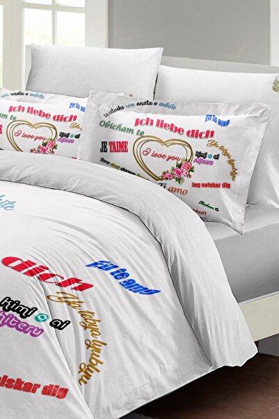 MonoHome King Size Valentine's Day Double Duvet Cover Set 100% Cotton Satin Love Any Language 220X240Cm
